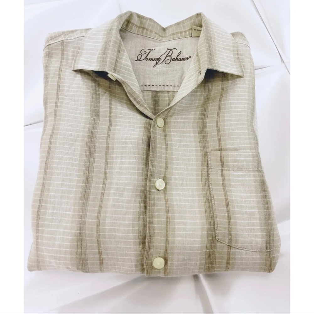 Tommy Bahama Men Sz M 100% Linen Button Up Plaid Camp Shirt Beige Tan Sand Beach